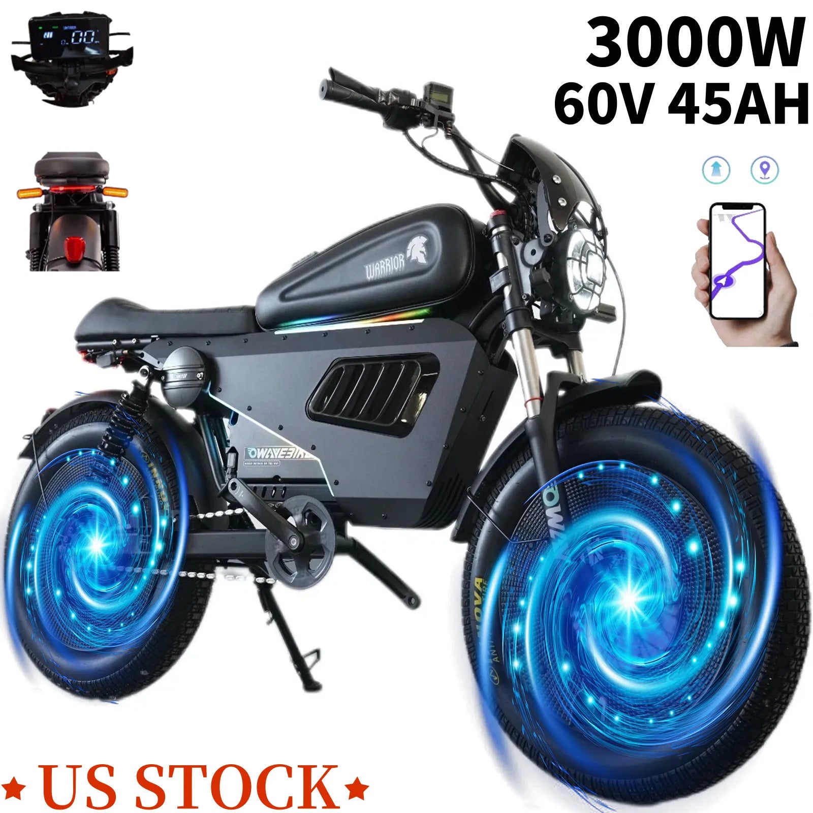 3000W Electric Motorcycle 60V 45AH E-bike 20*5" Fat tire OWAYEBIKE SK-1 Ultra