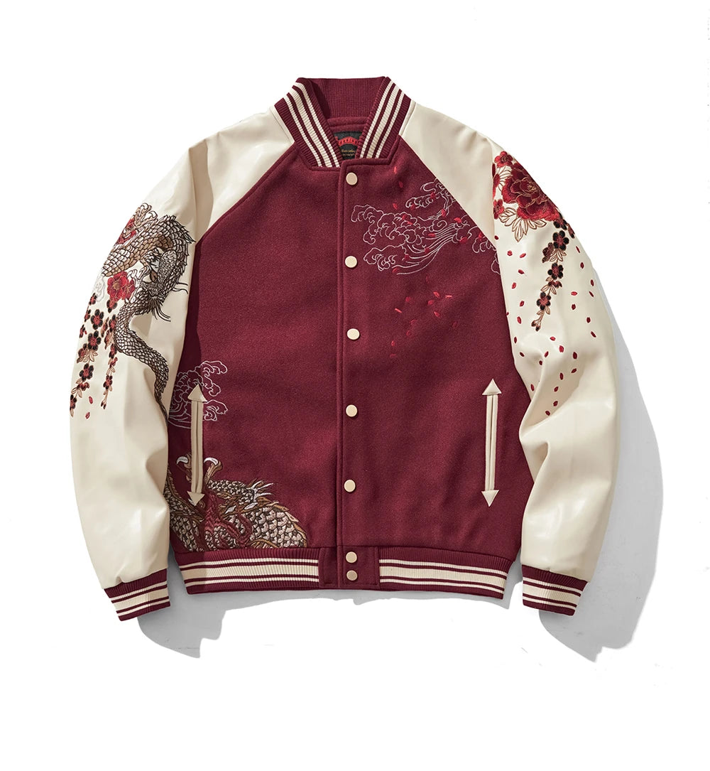 Streetwear Japanese Sukajan Souvenir Baseball Jacket 2025 Autumn Chinese Dragon Embroidered Woolen Patchwork Jacket Coat