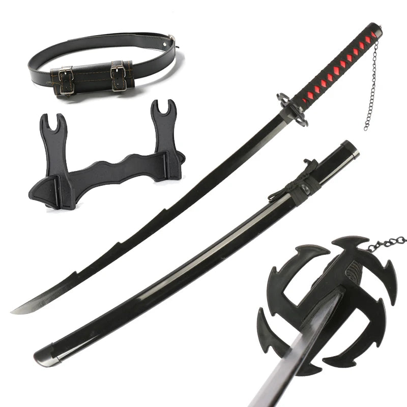 41 inch Kurosaki Ichigo Katana Black Wood Blade Zangetsu Decorative High Quality Cosplay Prop with Sword holder and belt