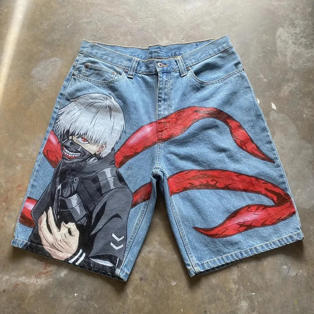 Japan Cartoon Anime Characters Graphic Print Hip Hop Denim Shorts Y2k Harajuku Retro Straight Jorts Streetwear Men Women Shorts