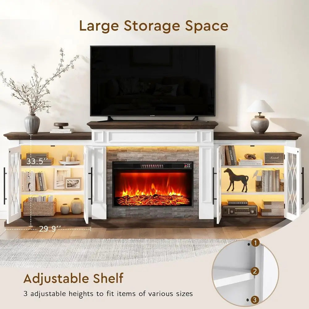 100 LED TV Stand with Outlet, Electric Fireplace, Mantel, Entertainment Center, 30 Heater Insert, 3D Flame Effect, Customized