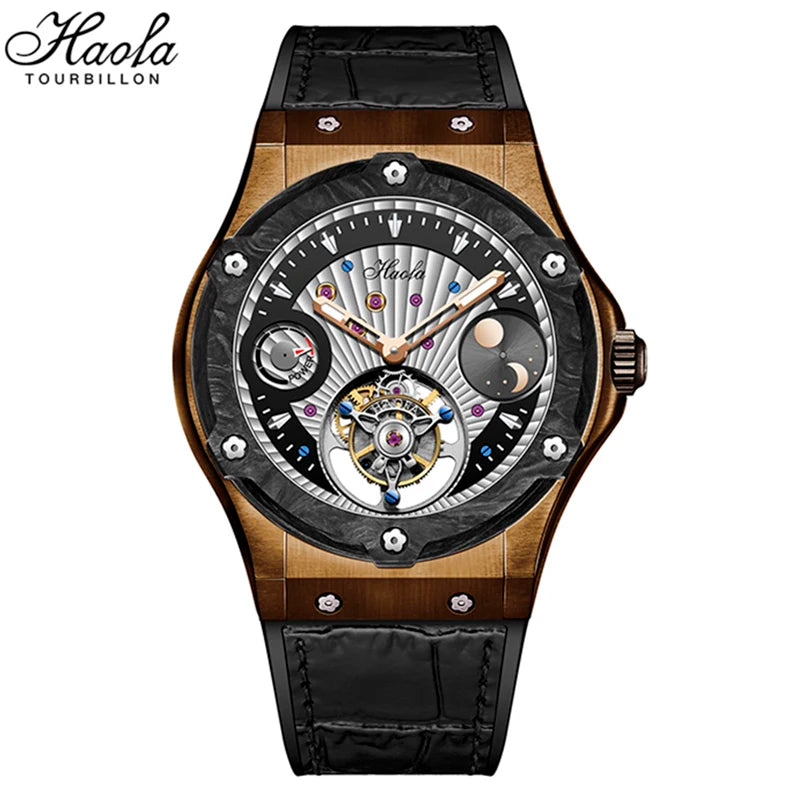 Haofa Manual Tourbillon Movement Watch for man Sapphire Mechanical Bronze Case Carbon Fiber Bezel Mens Watch Day And Night 1915T
