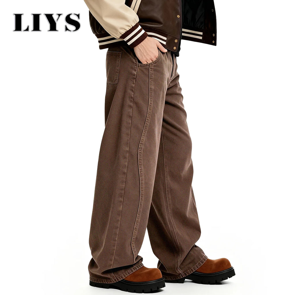 American Retro Men's Brown Casual Baggy Wide Leg Jeans Korean Cartoon Elephant Embroidery Loose Wide Leg Denim Pants Unisex