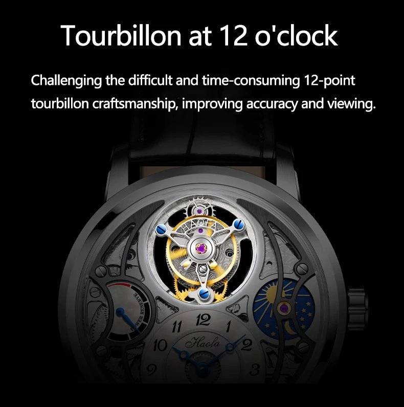 Haofa Manual Tourbillon Watch for Men Moonphase Energy Display Dial Skeleton Movement Sapphire Mechanical Wristwatches 1939