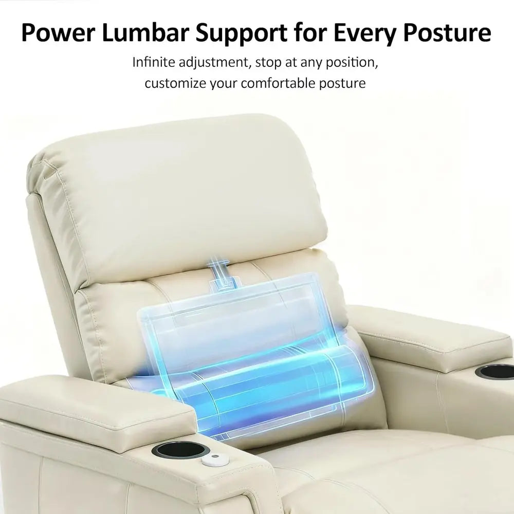 Power Recliner Chair with Lumbar Support, Armrest Storage, Tray Table, and Dual Charging Ports (Beige)