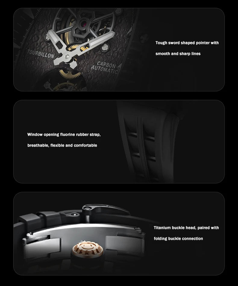 CRONUSART Men Tourbillon Watch 50mm Tonneau Mechanical Wristwatch Carbon Fiber Case & Dial Luminous Sapphire Mirror