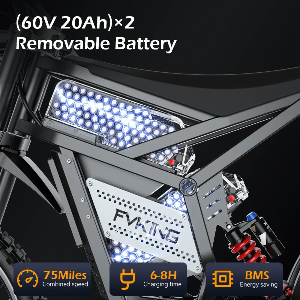 FVKING E6-UItra 25 Inch Off-Road Electric Bicycle 60V 30AH 3000W Motor Peak Power 6000W Top Speed 80KM/H Adult E-Bike