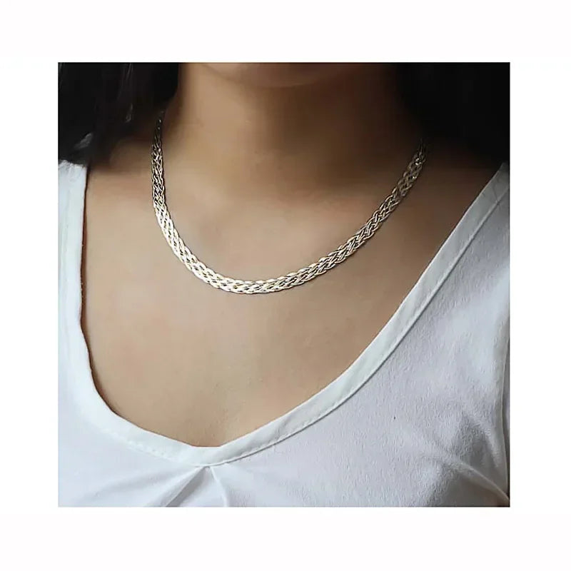 Necklace For Women Men Unisex 18K Pure Gold Weaving Chain Flat wide chain Knitted Chains Necklace Choker Vintage Collares Mujer