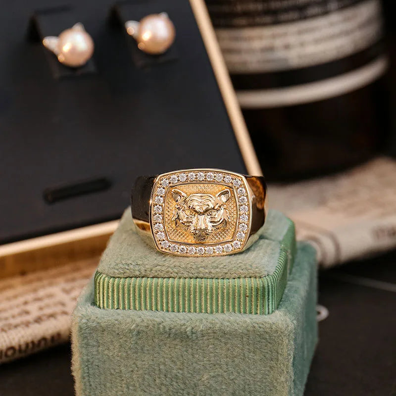 Provence Men's Tiger Head Ring 14k gold Signet Animal Ring  Statement Ring Tiger DEF/VS Lab diamond Father's Day Gifts Custom