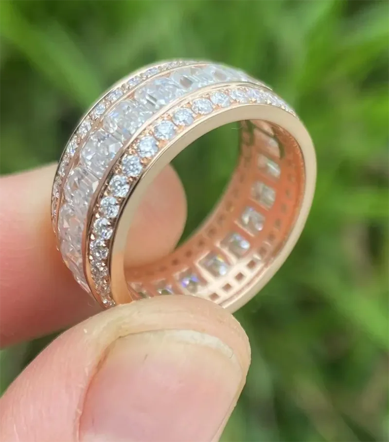 9.24ctw Emerald & Round Cut DEF-VS VVS Lab Grown Diamond Men’s Band 10K 14K Gold Bands Gift for Him