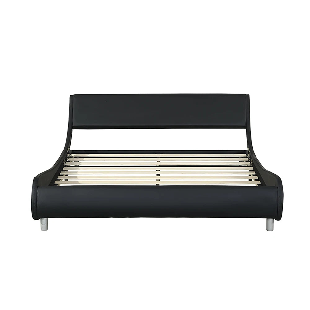 Faux Leather Bed Frame: LED (Remote+APP), Curve, Wood Slat, No Box Spring, Queen Black