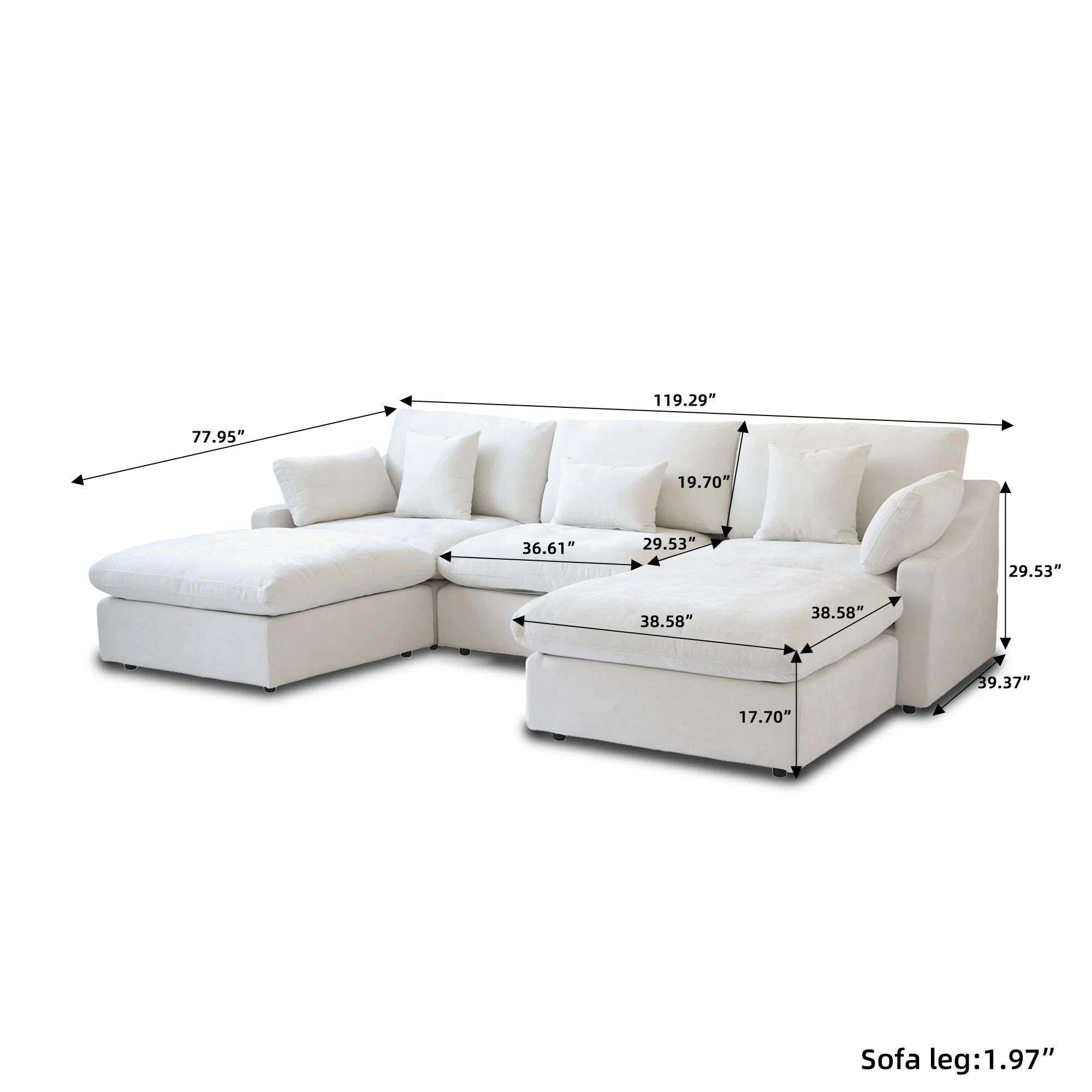 Comfy Cloud Couch 120''  Modern Sectional Sofa for Living Room Down Filled Couch with Ottoman U Shaped 5 Seater Convertible Sofa