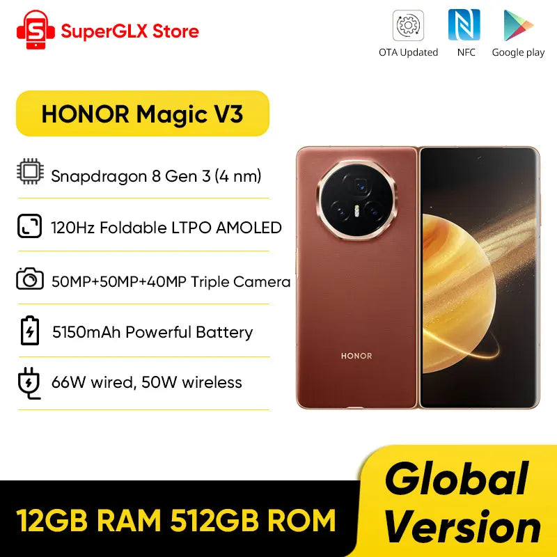 Global Version Honor Magic V3 5G Foldable LTPO OLED 120Hz Display 7.92" 50MP Triple Cameras Snapdragon 8 Gen 3 5150mAh 66W NFC