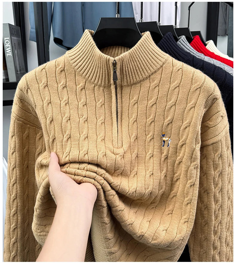 High end brand fashion jacquard sweater cartoon dog embroidery zipper semi high neck autumn winter warm men's knitted pullover