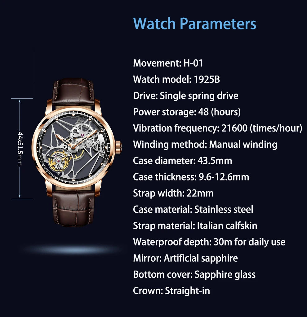 Haofa Skeleton Tourbillon Mechanical Man Watch 1925B Luxury Simple Hollow Tourbillon Movement Men Watches Business