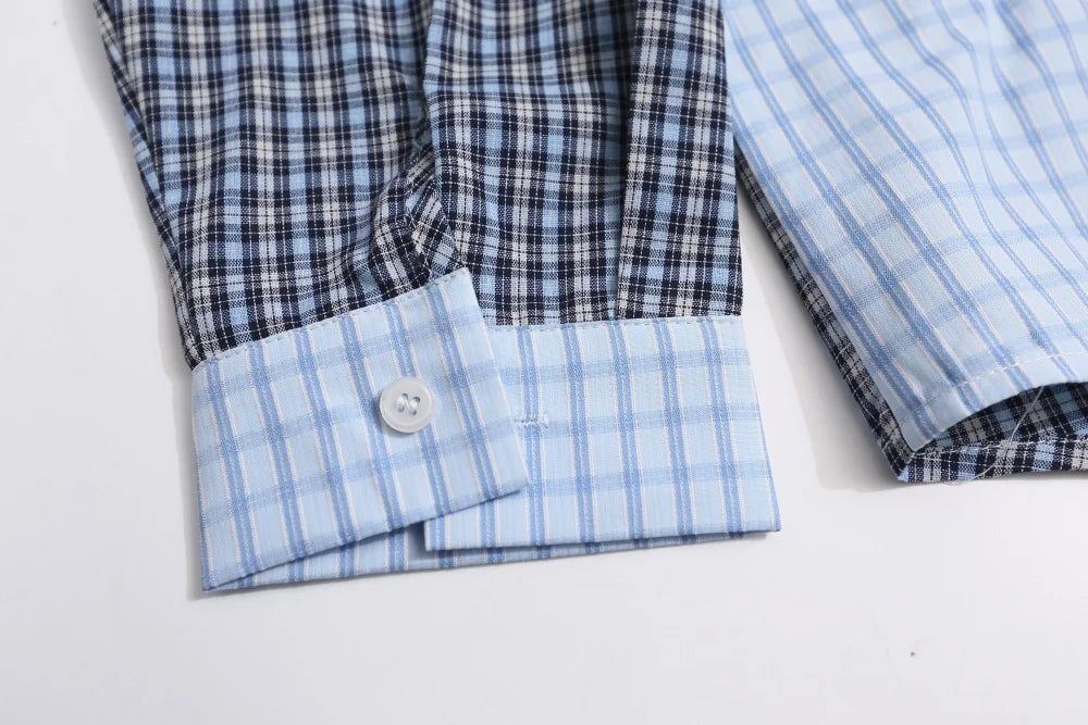 Plaid Patchwork Long Sleeve Shirts Mens Cartoon Embroidery Spring Retro Casual Loose Lapel Single Breasted Shirts Man