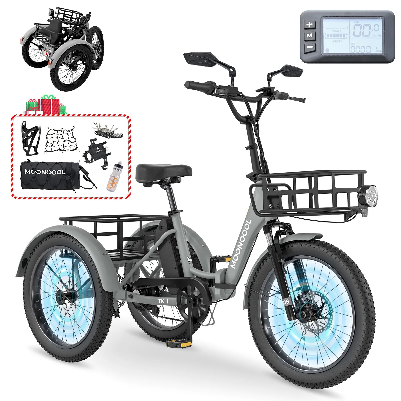 Folding Electric Tricycle for Adults 20" Fat Tire 3 Wheel E-Bike Trike W/ basket