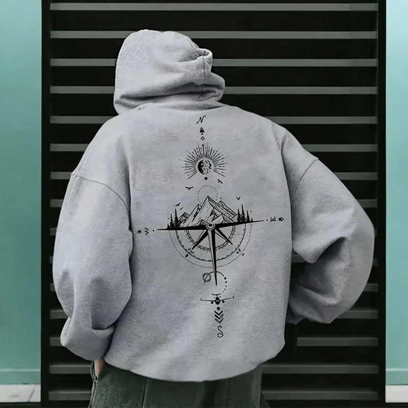 Vintage Compass Printing Hoodies for Men Hooded Long Sleeve Pullover Spring and Autumn Daily Casual Sports Tops Men's Clothes