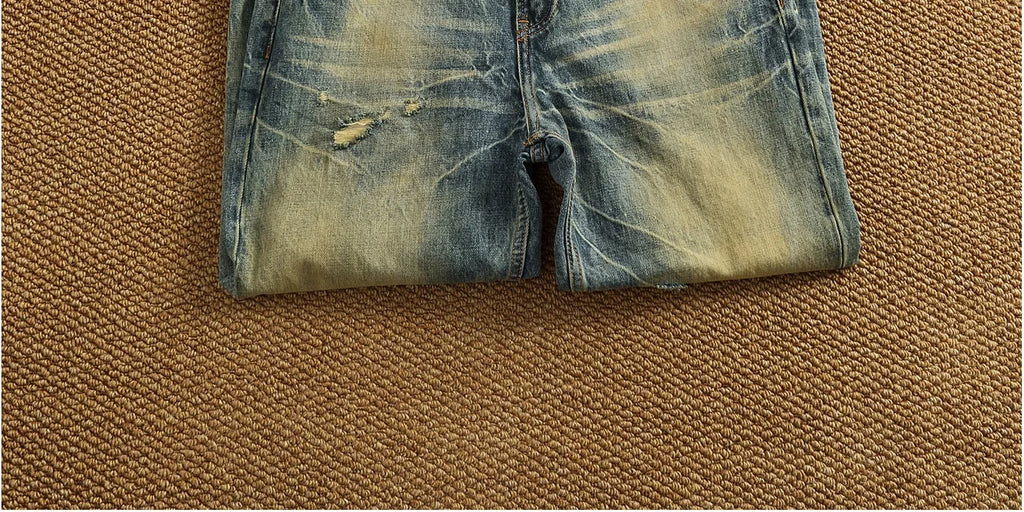 2025 Autumn New American Retro Heavyweight Ripped Denim Men's Fashion 100% Cotton Washed Old Straight Tapered Casual Jeans