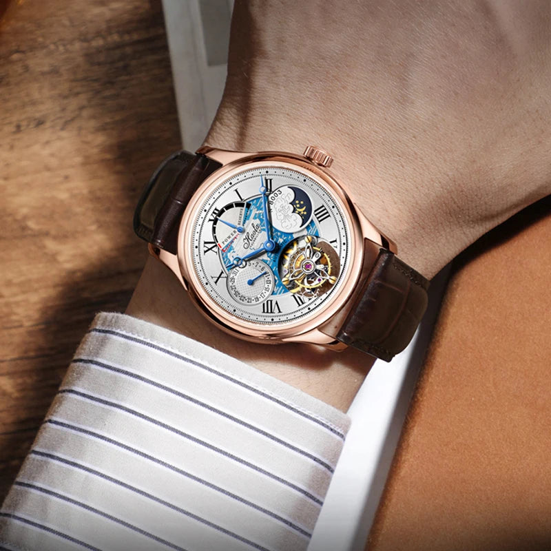 Haofa Automatic Flying Tourbillon Movement Watch Man Luxury Sapphire Skeleton Moon Phase Complete Calendar Watches For Men 8003