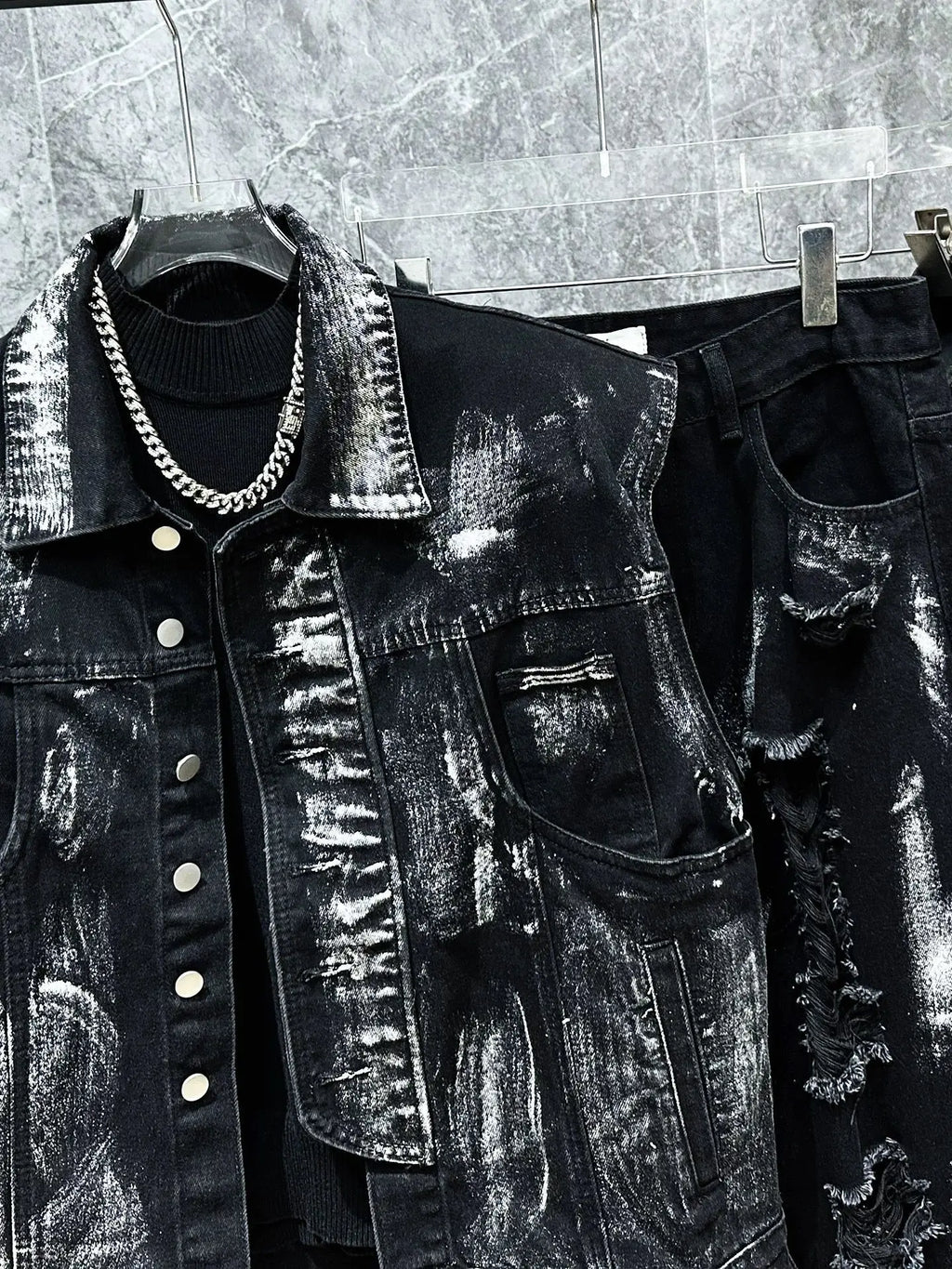 Men's Ripped Jeans Two-piece Set Splashed Ink Vest Jacket Straight Leg Pants American Fashion Autumn High Street Male Denim Sets