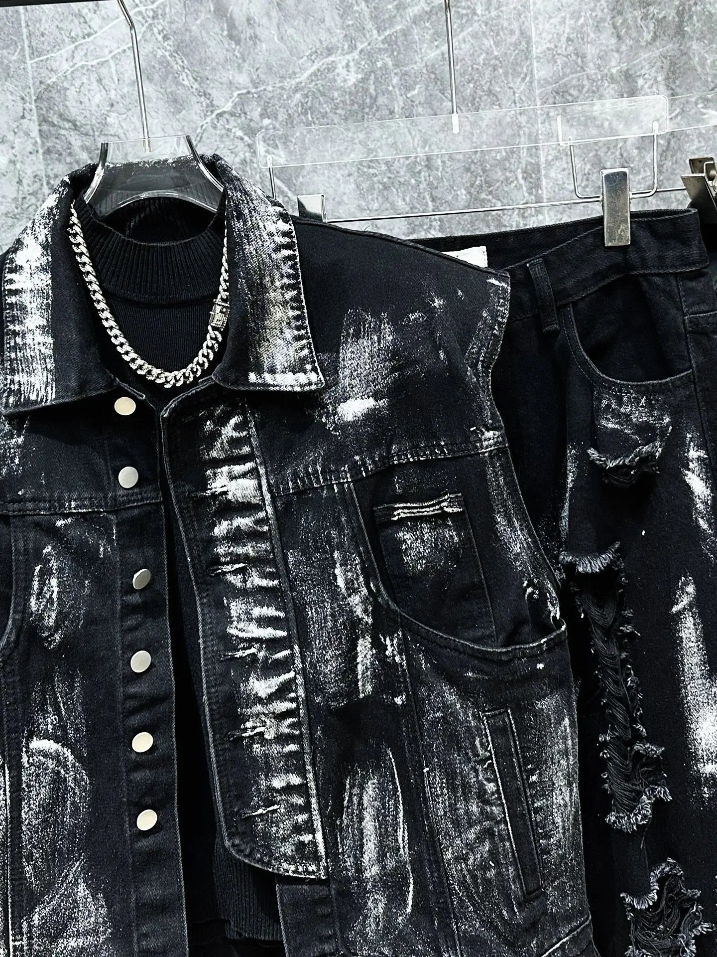 Men's Ripped Jeans Two-piece Set Splashed Ink Vest Jacket Straight Leg Pants American Fashion Autumn High Street Male Denim Sets