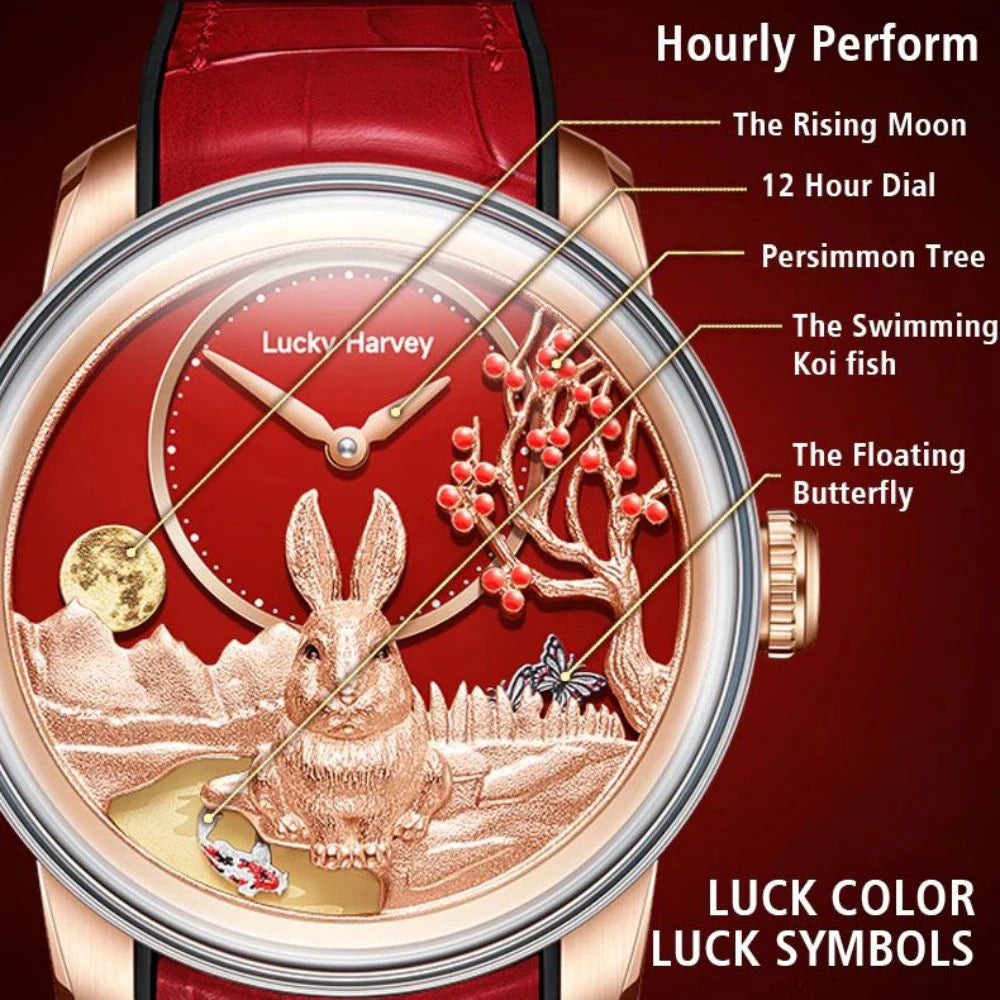 Lucky Harvey Limited Edition Automatic Mechanical Watches for Men Cute 3D Rabbit Dial Synthetic Sapphire Waterproof Wrist Watch