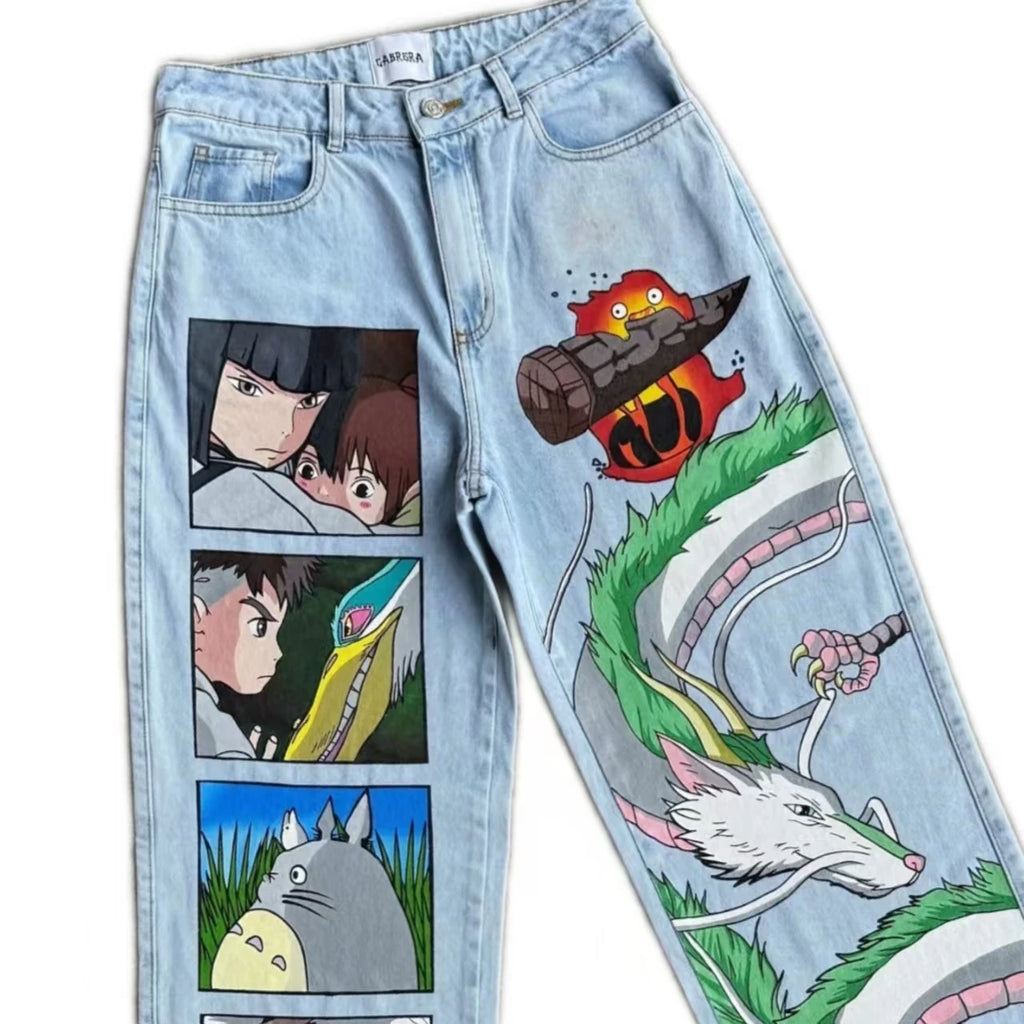 Y2K Japanese Cartoon Printed Classic Men And Women New Trend Blue Denim Jeans Hip Hop Harajuku Fashion Loose Oversize Streetwear