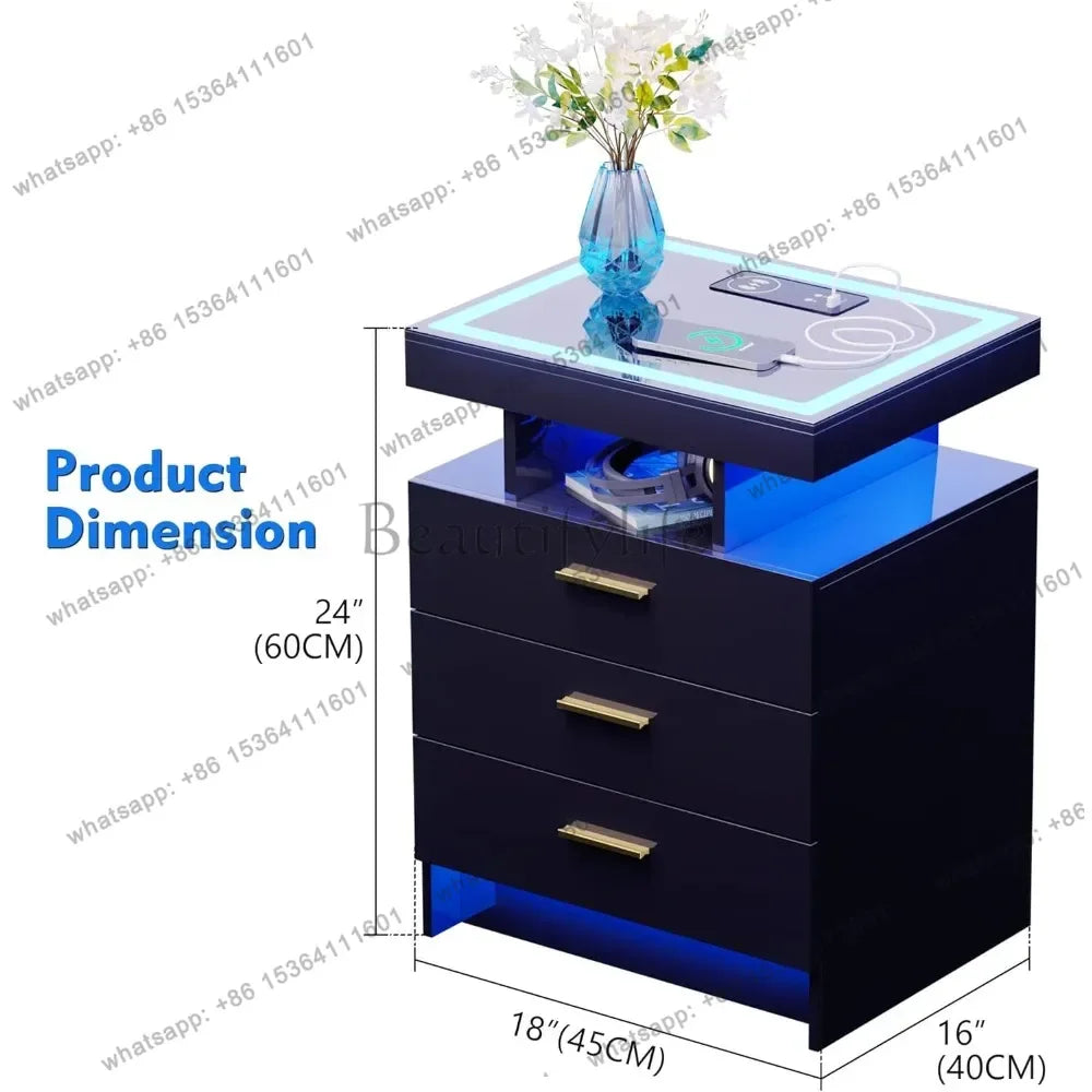 D06Modern Bedside Table 2 Set Nightstands with Wireless Charging Station, Auto Sensor 3 Color Dimmable LED Night Stand