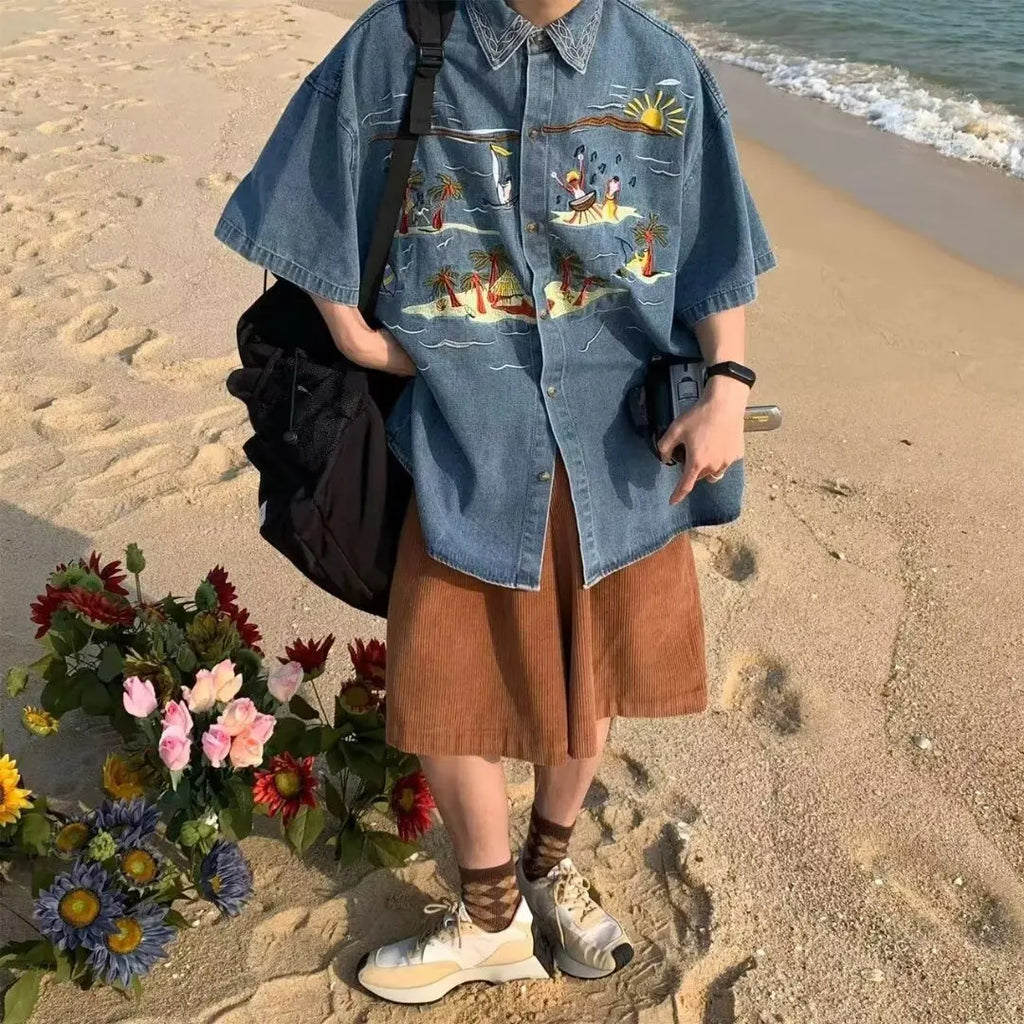Retro American Cartoon Embroidery Denim Short Sleeve Shirt Loose Casual Summer Thin Neutral Style Men Women Outerwear