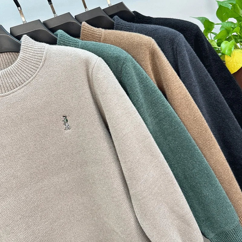 Luxury brand men's round neck knitted sweater fashion cartoon embroidery comfort warm plush autumn winter casual golf pullover