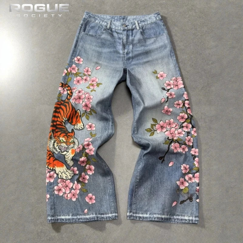 Japanese Tiger Sakura Men Jeans Summer Y2K Wide Leg Denim Pants Streetwear Hip Hop Retro Harajuku Loose Vintage Trousers Unisex
