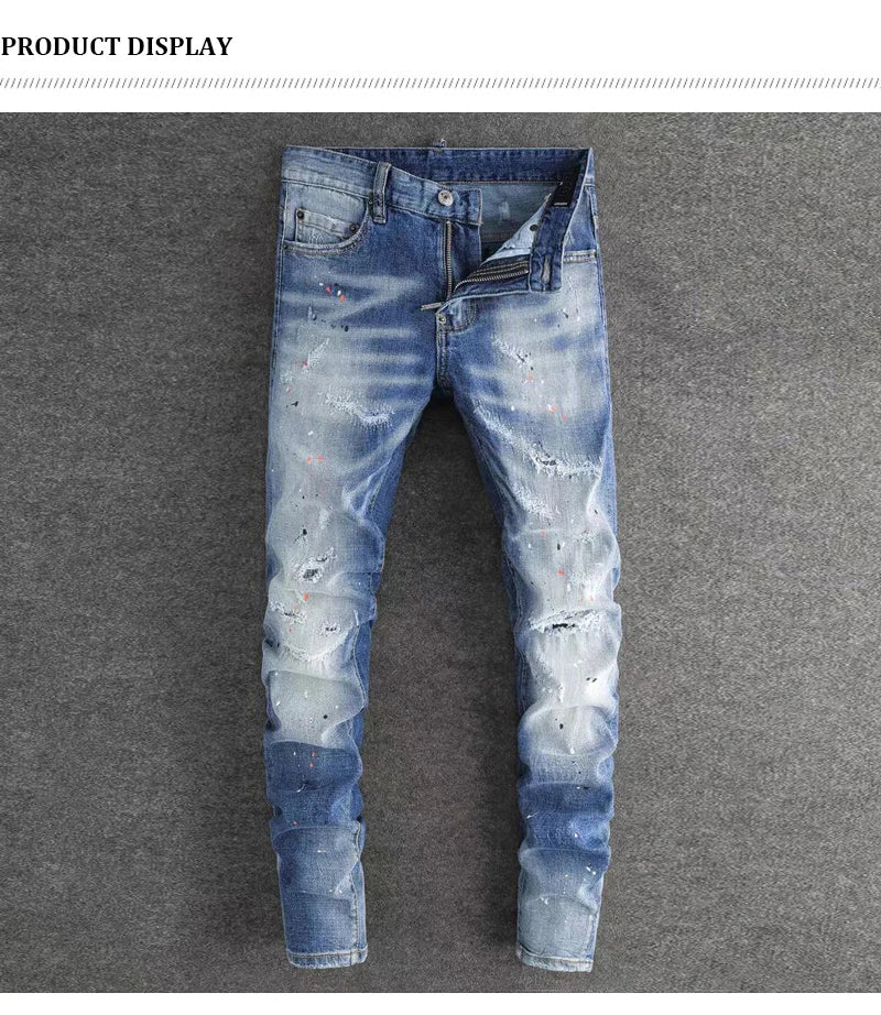 Fashionable new jeans washed with nostalgia, stretchy, slim fit, light blue, men's ripped patch jeans, high street hip-hop pants