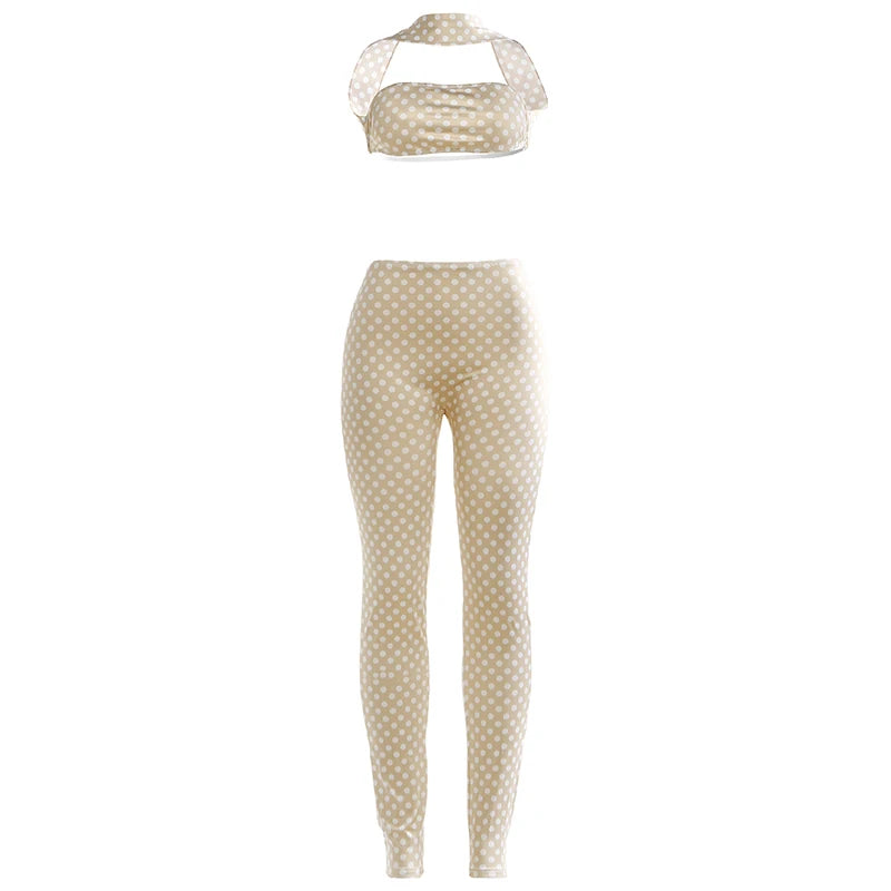 Weird Puss Hottie Polka Dot 2-Piece Set Women Halter Chest Wrapped Backless Top+Ruched Peach Hip Pants Stretch Skinny Clubwear