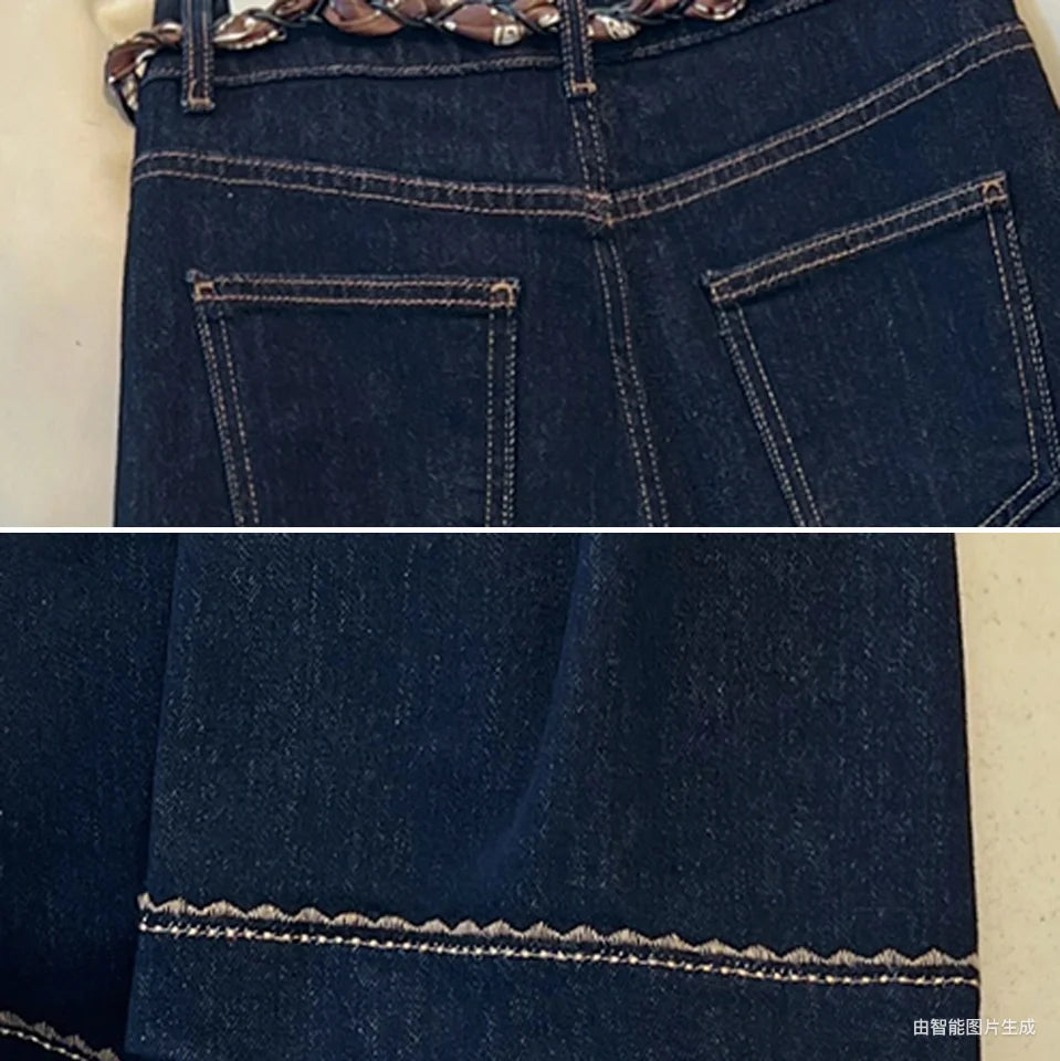 2025 Autumn New Denim Blue Wide Leg Women's Jeans Super Popular Pants with Silk Scarf Belt Fashion Straight Trousers