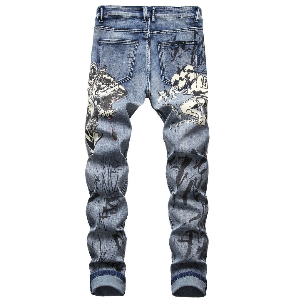2026 Men's Blue 3D Printing Jeans, Black Wolf Pattern Printed Punk Straight Cotton Casual Print Denim Pants Asian Size 28-42