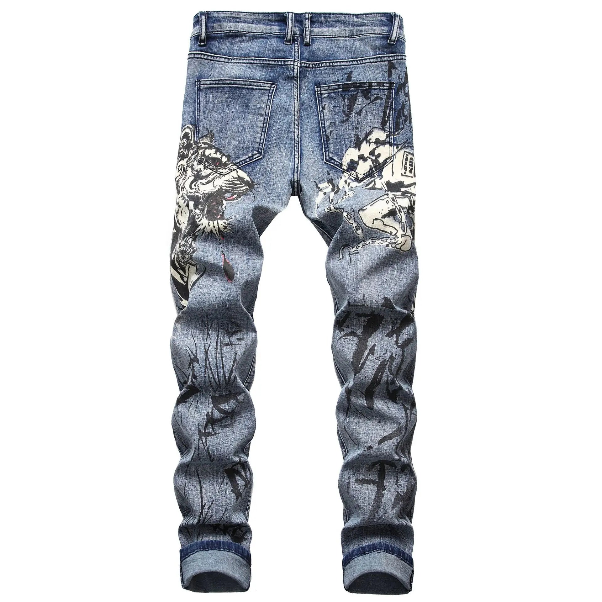 2026 Men's Blue 3D Printing Jeans, Black Wolf Pattern Printed Punk Straight Cotton Casual Print Denim Pants Asian Size 28-42