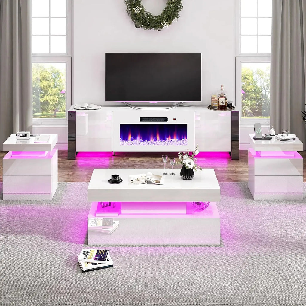 80" Fireplace TV Stand High Gloss 4-Piece Living Room Table Set LED Coffee End Table White Customized