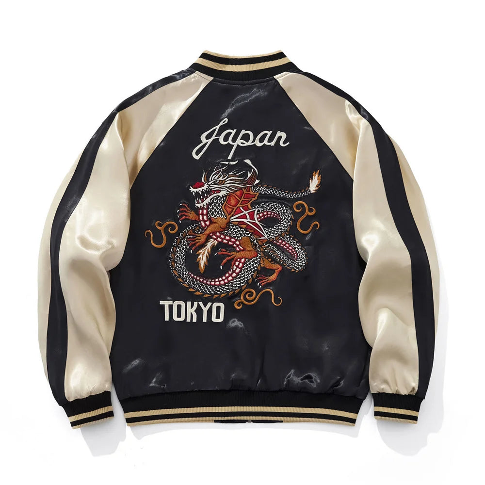 Tokyo Dragon Embroidered Zipper Blue Jacket Streetwear Hip Hop Men's Harajuku Japanese Baseball Coat Clothing