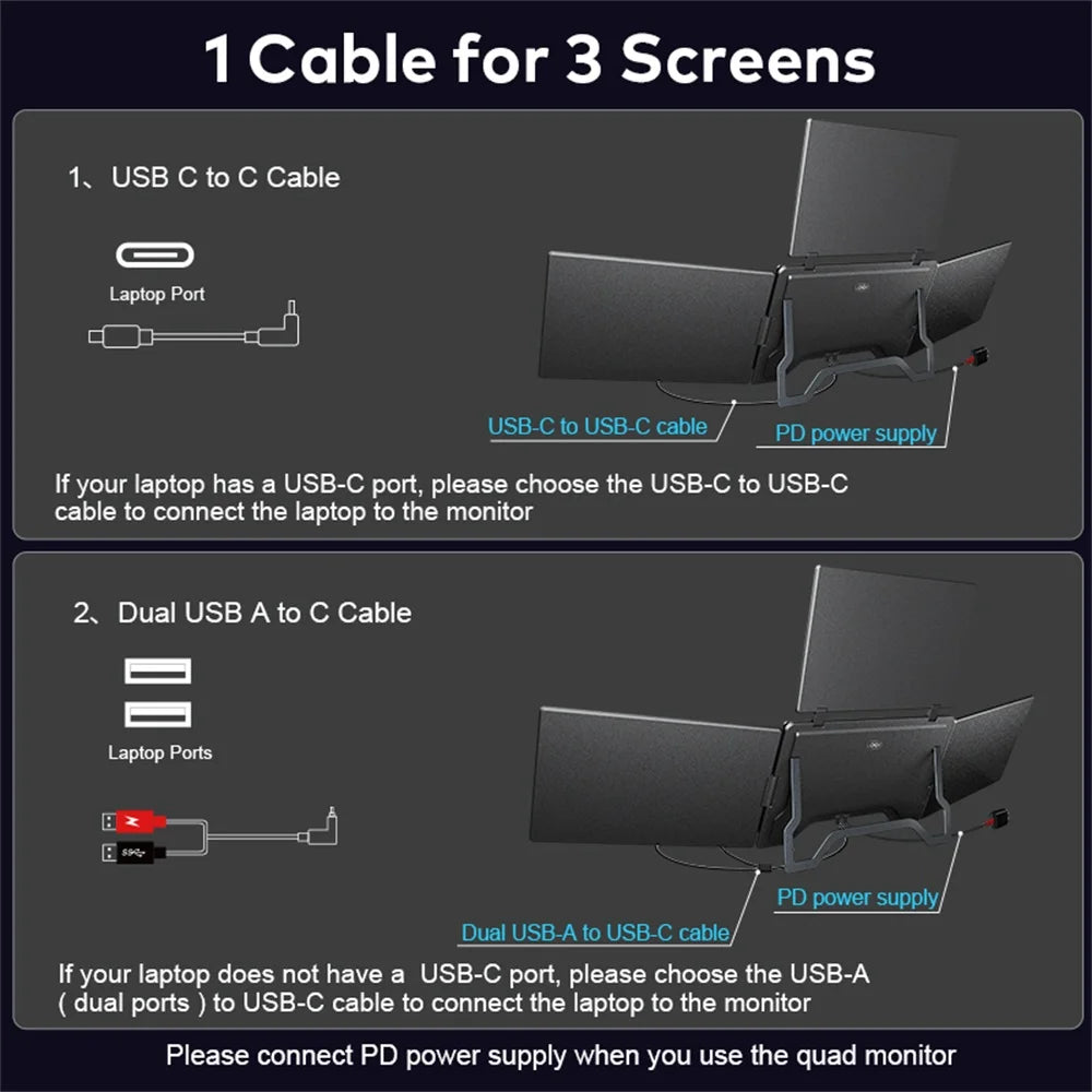 Triple Screen LCD Monitor for Laptop Portable FHD Display Secondary Notebook Monitor with Single Cable Sub Screen 14 inch