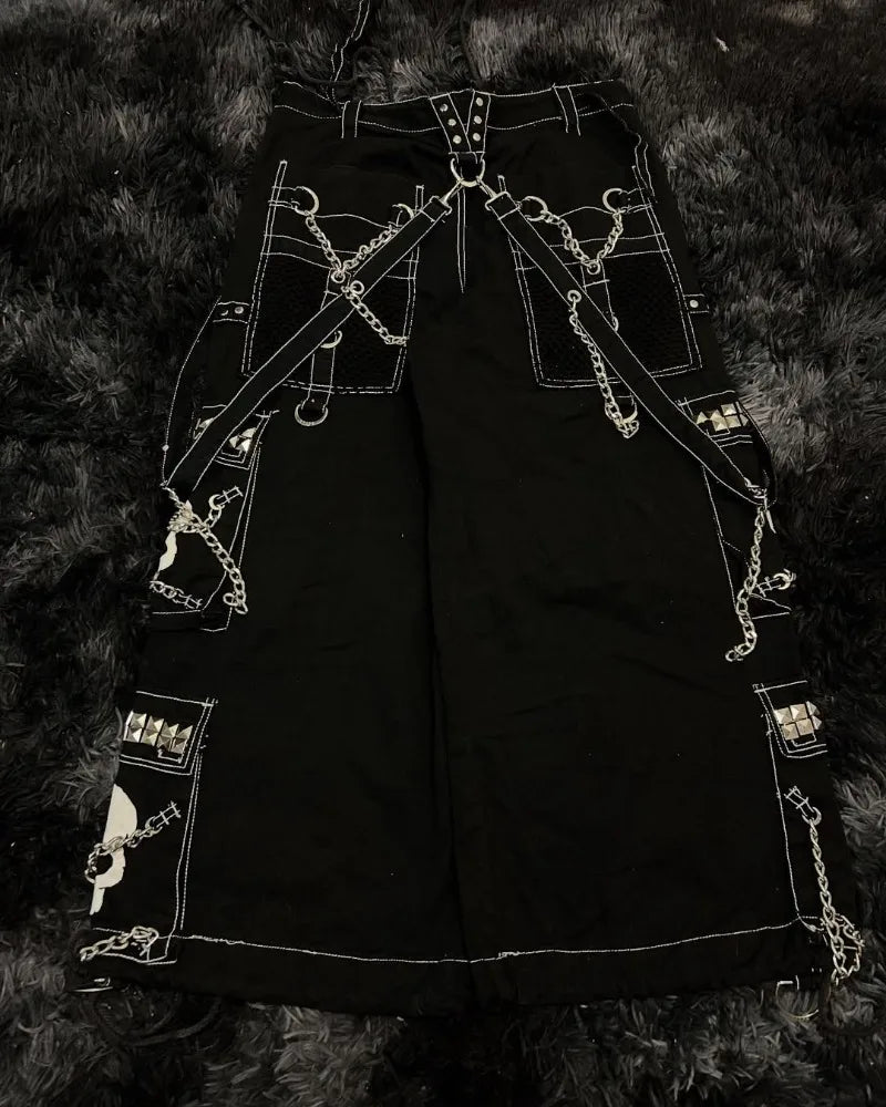 Street fashion chain brand Skull Bone Design jeans retro Harajuku style men's wide leg pants street rock multi-chain loose pants