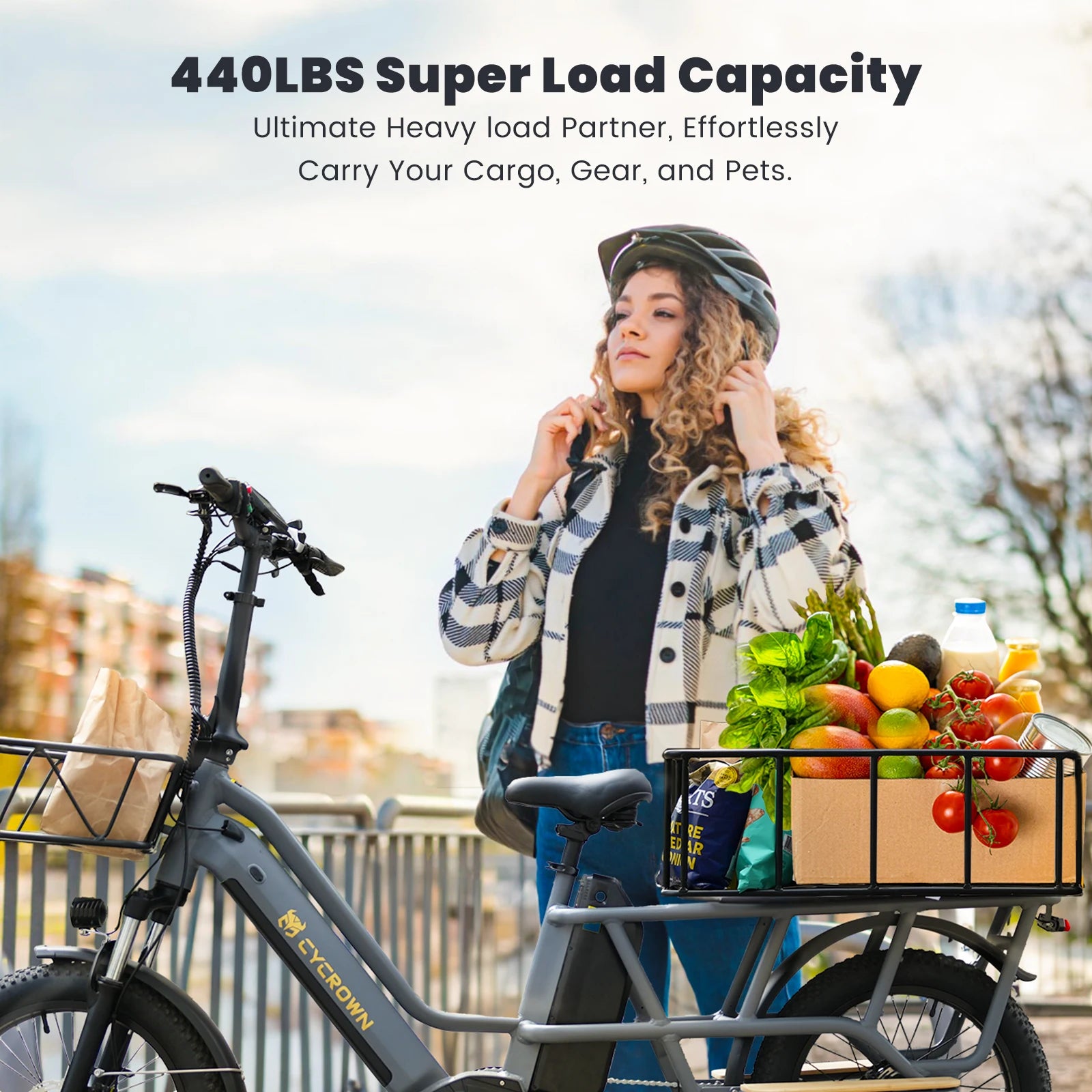 Electric Cargo Bike For Adults CYCROWN 20x3" 1000W Motor Top Speed 28Mph City E-Bike 48V 25AH Max Range 120Miles Load 400Ibs