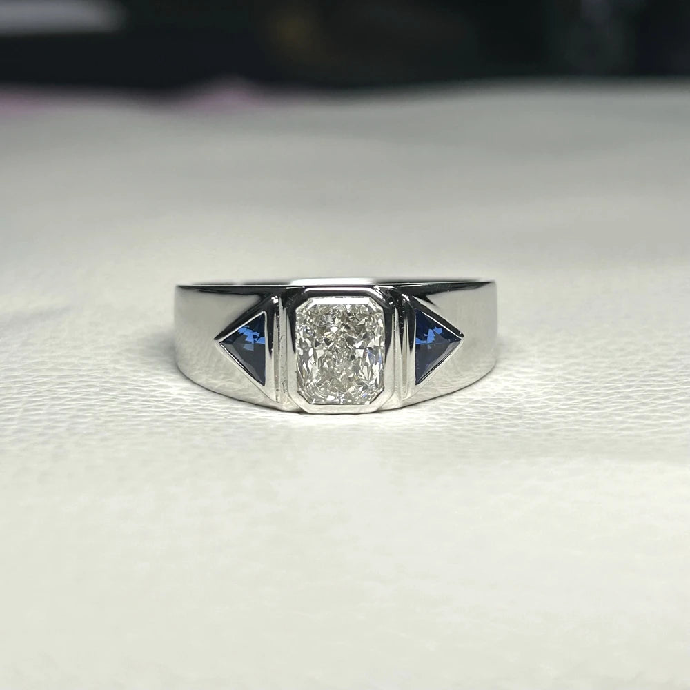 Men Ring 18K White Gold 1.5 Carats Radiant Cut D VS 12 Grams Lab Grown CVD Diamond Rings