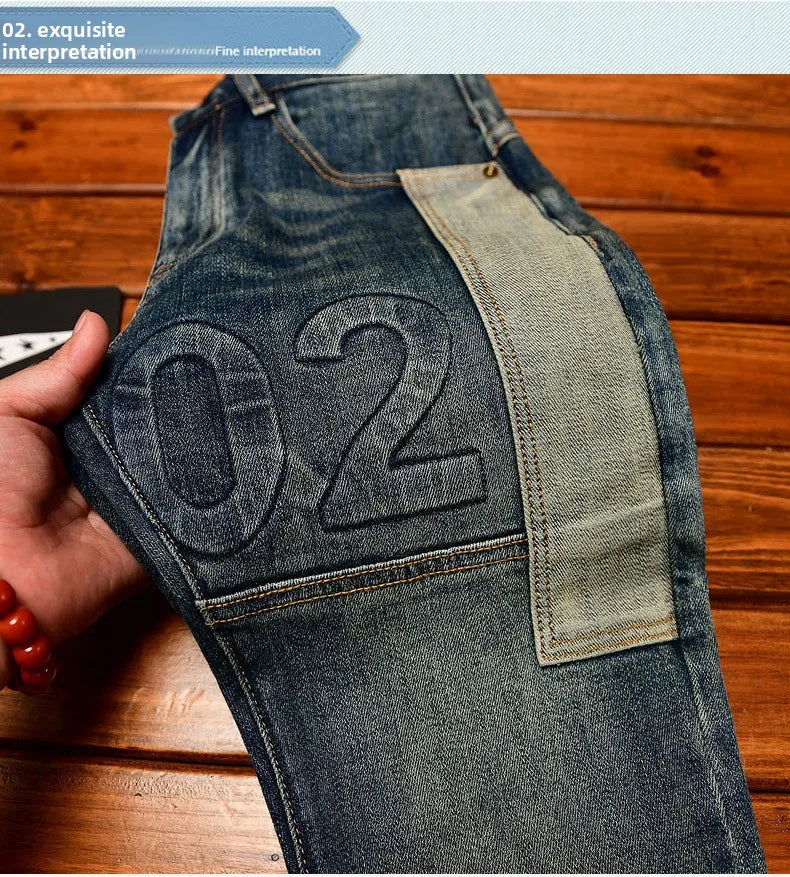 Fashionable high-end jeans for men, slim fit, small feet, washed retro patchwork design, trendy and luxurious men's pants