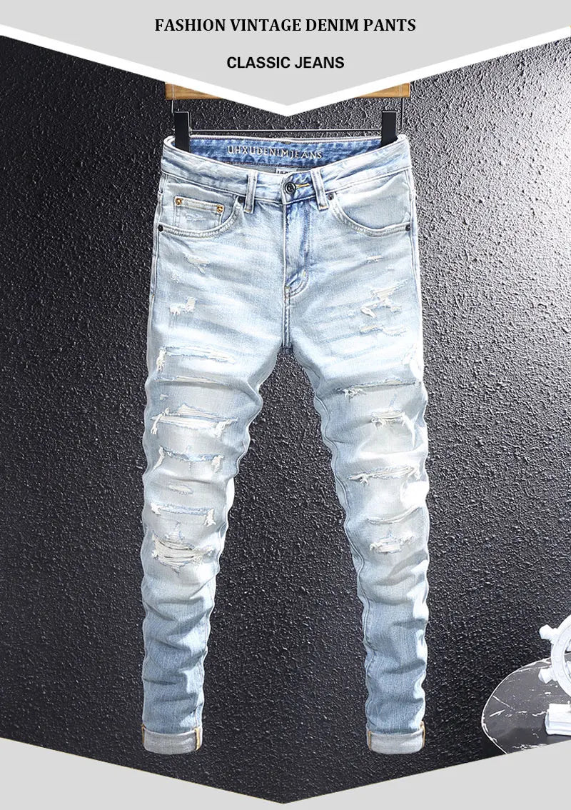 Fashion designer men's retro washed light blue elastic slim fit printed corrugated jeans men's Italian style retro denim pants h