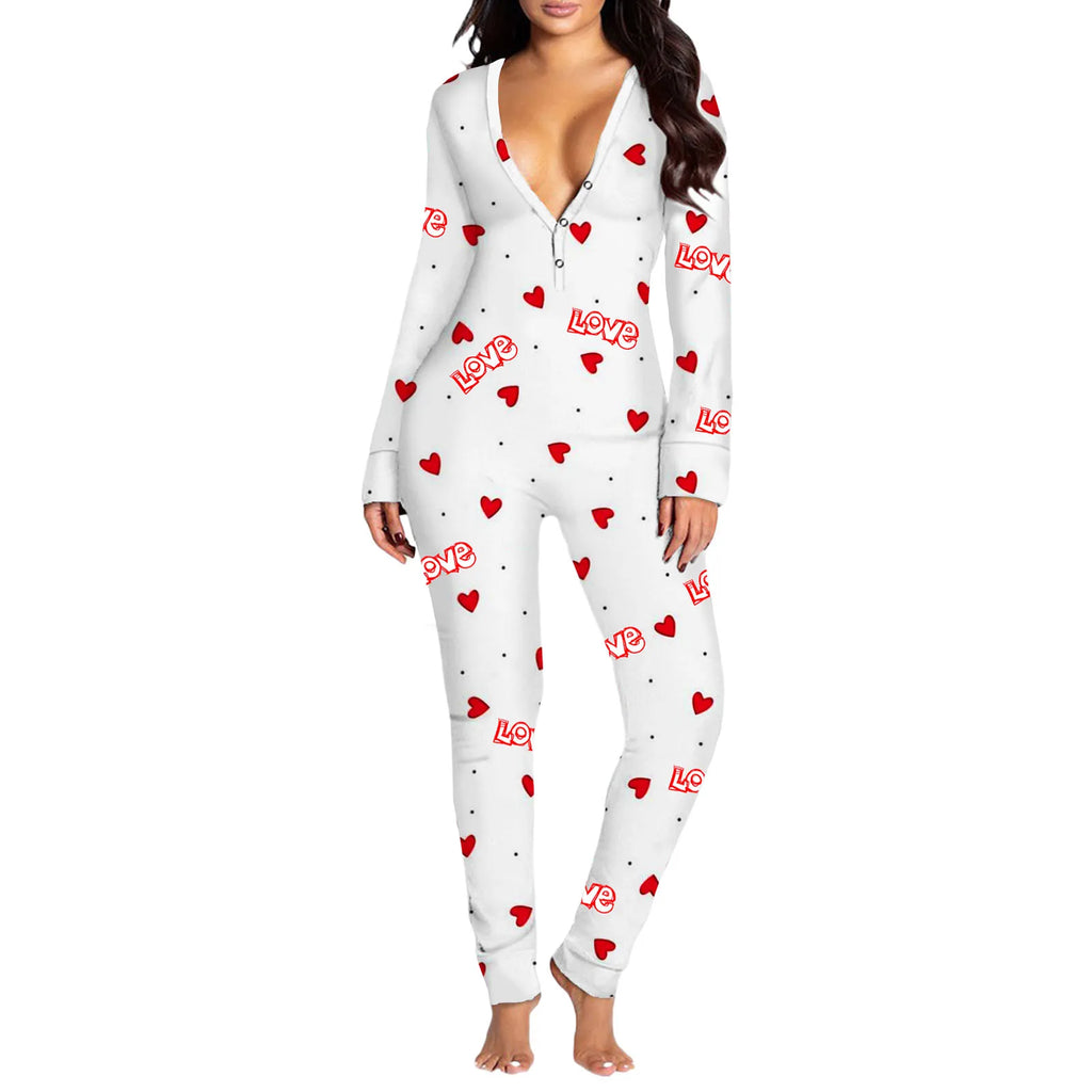 Women Jumpsuit Long Sleeve V Neck Button Closure Letters Heart Print Bodysuit Loungewear Sleepwear for Valentines Day