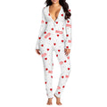 Women Jumpsuit Long Sleeve V Neck Button Closure Letters Heart Print Bodysuit Loungewear Sleepwear for Valentines Day