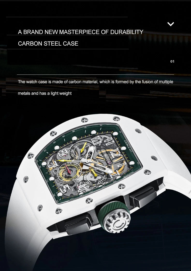 CRONUSART Men Chronograph Watch Tonneau Carbon Steel Case 50mm*42mm Automatic Mechanical Wristwatch Luminous Fluororubber Strap
