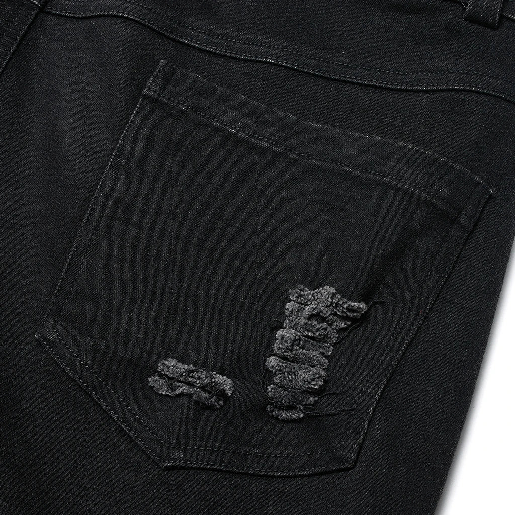PUNK RAVE New Men's Punk Rock Broken Hole Net Black Long  Trousers Gothic Casual Male Motocycle Cotton Denim Pants Visual Kei