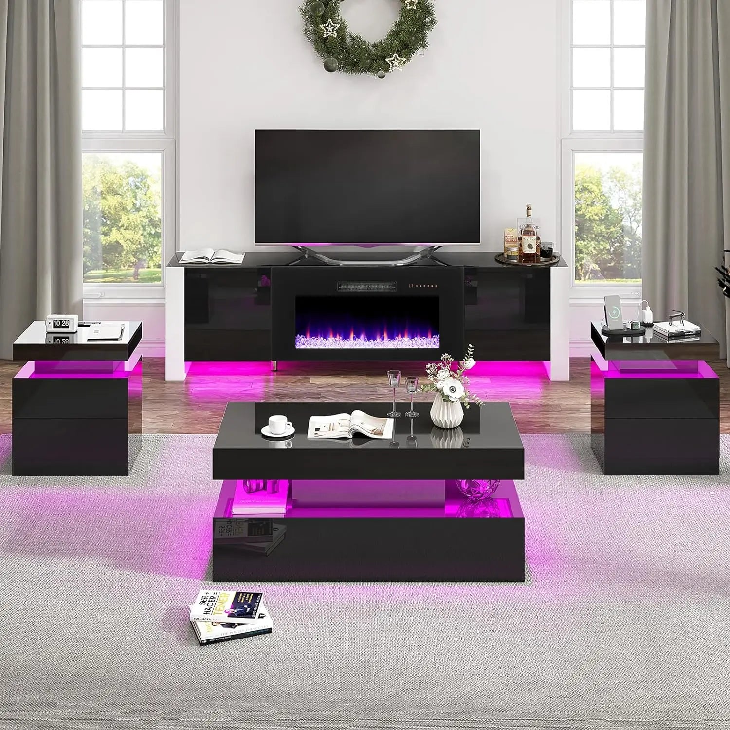 80" Fireplace TV Stand High Gloss 4-Piece Living Room Table Set LED Coffee End Table White Customized